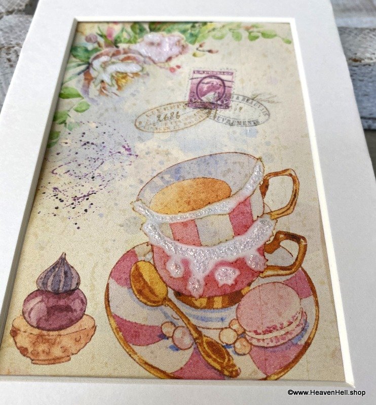 5x7 Shabby French Chic Kitchen Wall Art Tea Teacups Pink Roses and Pastry Glitter Print