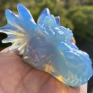 Fantasy Sculpture Dragon Skull Blue Opalite Crystal Skull Golden Light Inside, Hand-carved