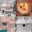 Super Shabby Pink Glitter House Light Up Cottage Chic Christmas Village Decor pink and white trims