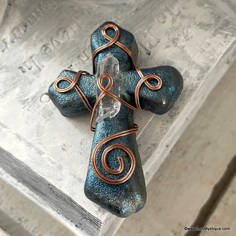 Large Cross Pendant Copper Wire Wrapped Clay with Quartz crystal point