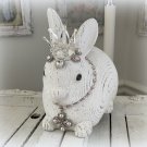 9" Shabby White Rabbit Statue Crowned Rhinestone Bunny Sculpture French Farmhouse Decor