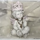 Shabby Crowned Cherub and Bird Statue Distressed White Pink Crown & Wings French Country Angel