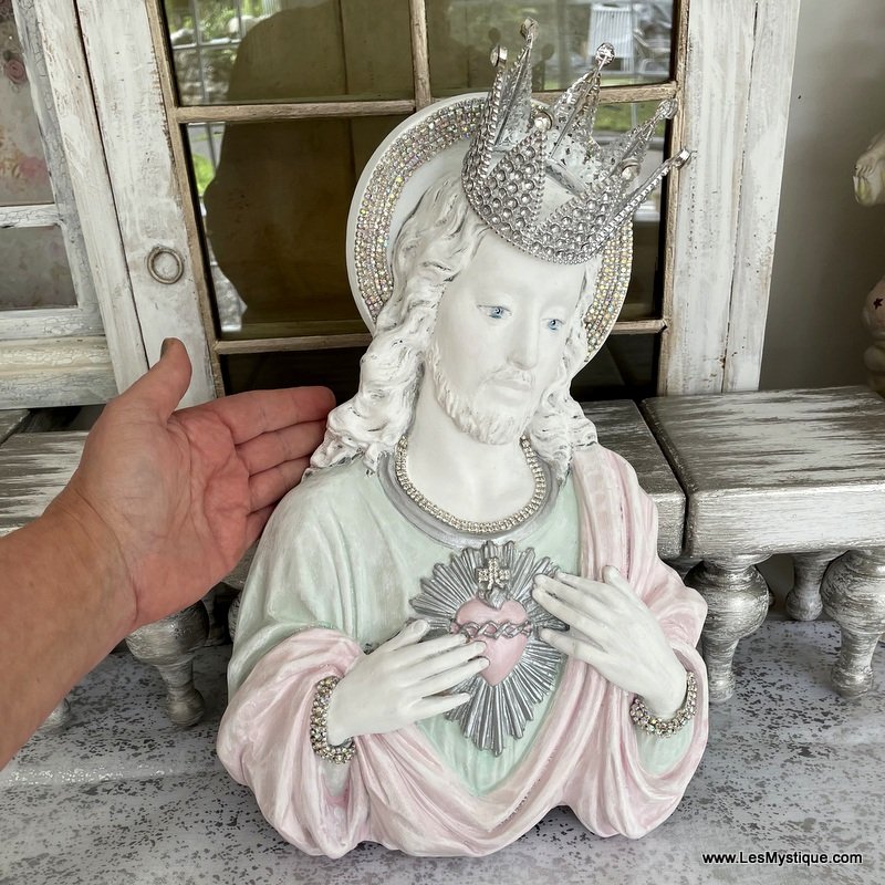 Large Jeweled Sacred Heart of Jesus with Rhinestone Crown Chalkware Wall Statue
