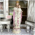 15" Antique French Madonna and Child Statue Pink White Gold Virgin Mary Sculpture