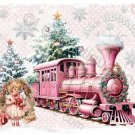 Vintage Pink Christmas Decor Shabby Victorian Girl and Holiday Train Watercolor Art Print