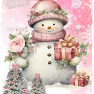 Shabby Chic Pink Christmas Snowman Watercolor Art Print Let it Snow Victorian Winter décor