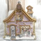 Shabby Pink Glitter Christmas Village house Light Up Rhinestones Vintage Victorian