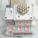 Shabby Pink & Aqua Book Shop Christmas Village house Rhinestone Light Up Glitter Vintage Victorian