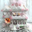 Super Shabby Pink Glitter House, Light Up Cottage, Victorian Christmas Decor Pearls, white trims
