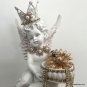 Shabby Chic Cherub w/ BEE Statue - Pink White, Rhinestone Crown, French Glam
