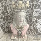 Shabby French Sacred Heart of Jesus Vintage Statue, Pink White, White Roses, Rhinestone Crown
