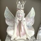 Meditating Fairy Statue w/ Rhinestone Crown - Plaster Fantasy Faerie Sculpture Watercolor Wings