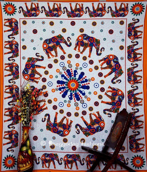 Orange Rainbow Elephant Tapestry Bedspread