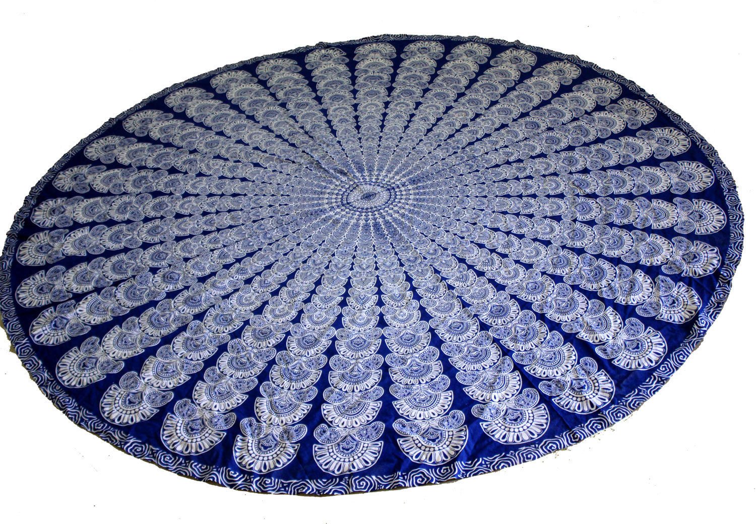Round Mandala Tapestry Hippie Table Cloth in Blue and White