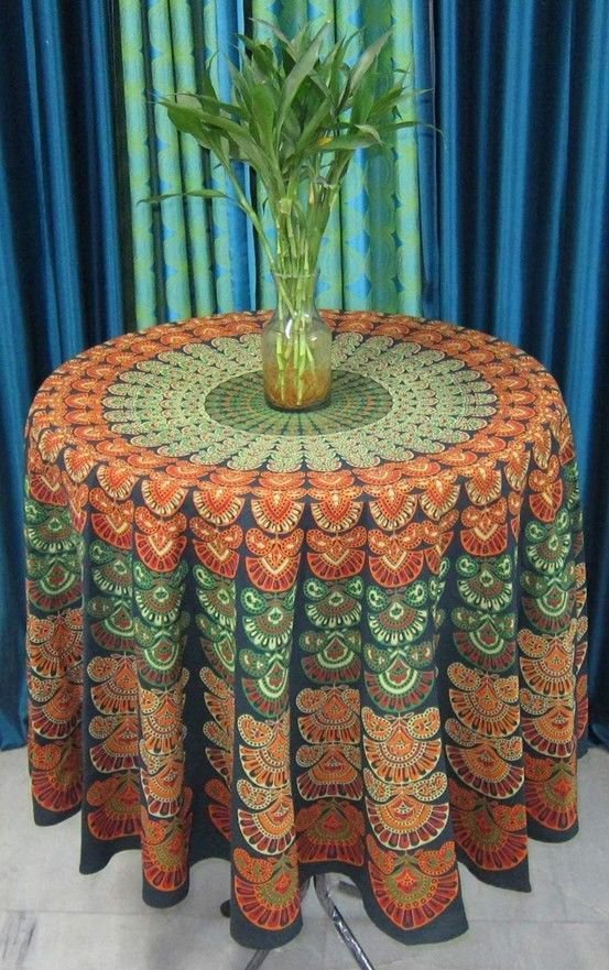 Handmade Peacock Tapestry Round Mandala Tablecloth in Green