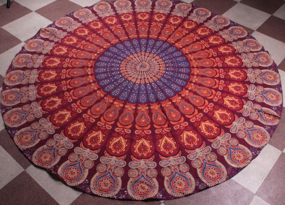 Decorative Mandala Tapestry Round Beach Throw in Red Color