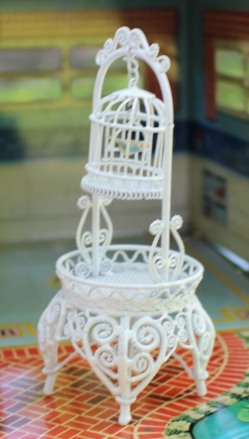 Dollhouse Furniture White Metal Wicker Style Birdcage On a Large Stand Unusual