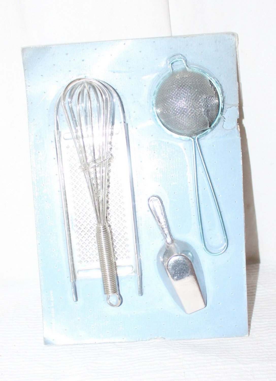 Vintage Toy Kitchen Tools Grater Whisk Strainer Scoop Metal Silver MIP W Germany