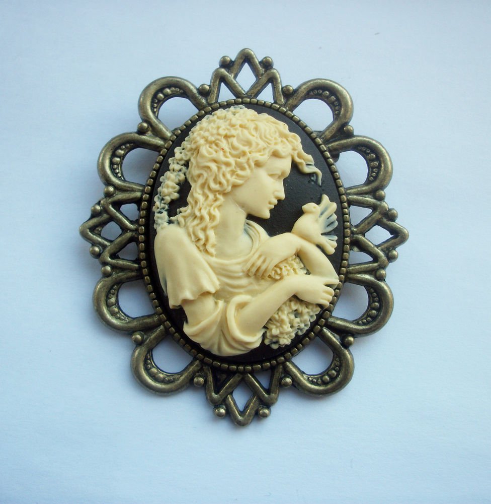 Lady with a Dove Black Cameo in Antiqued Bronze Tone Brooch 60mm