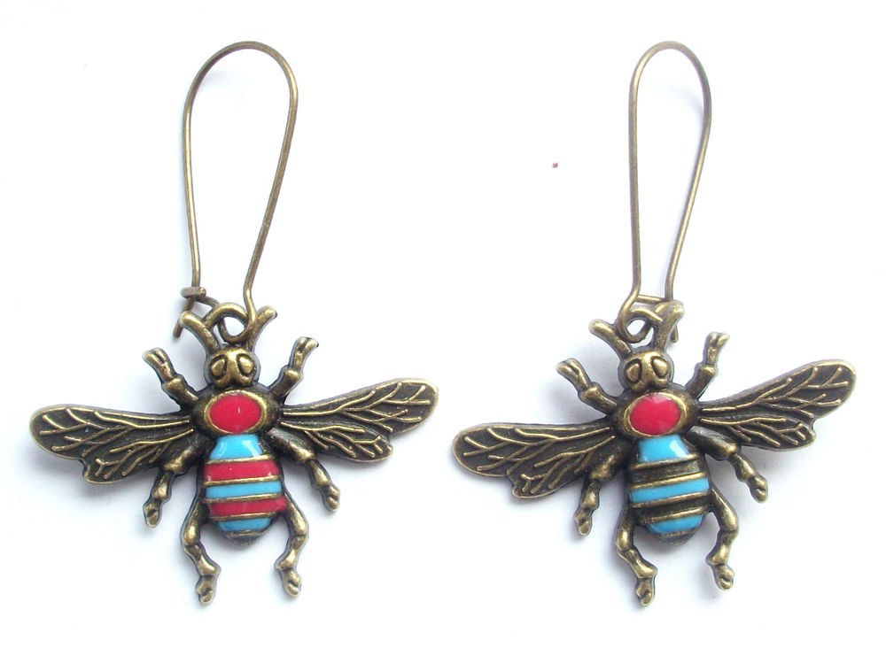 Bumble Bee Earrings Bronze Tone Enamelled Metal