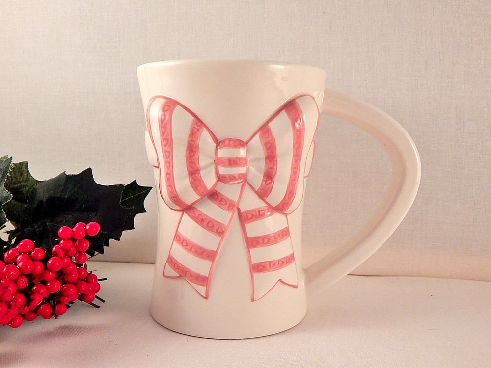 Pink and White Bow Coffee Cup Hand Painted Ribbon Ceramic Mug FTD Flower Vase Gift