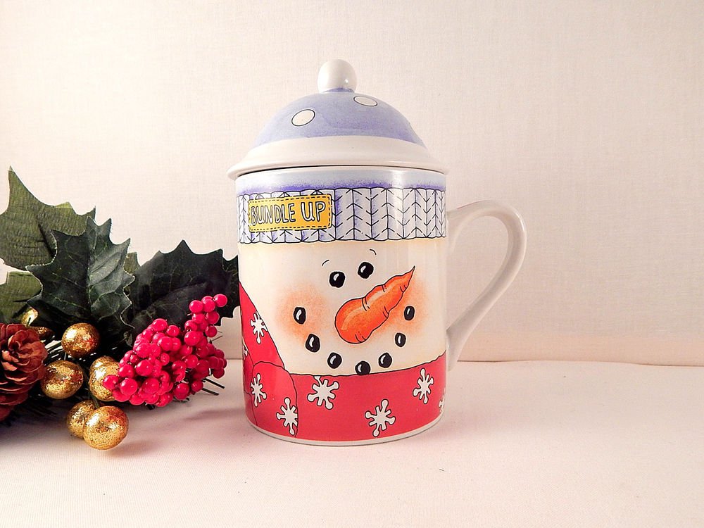 Snowman Mug Covered Jar Ceramic Winter Tableware Christmas Beverage Soup Serving