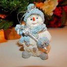 Snowman Christmas Tree Ornament Blue White and Silver Resin Figurine Winter Decoration