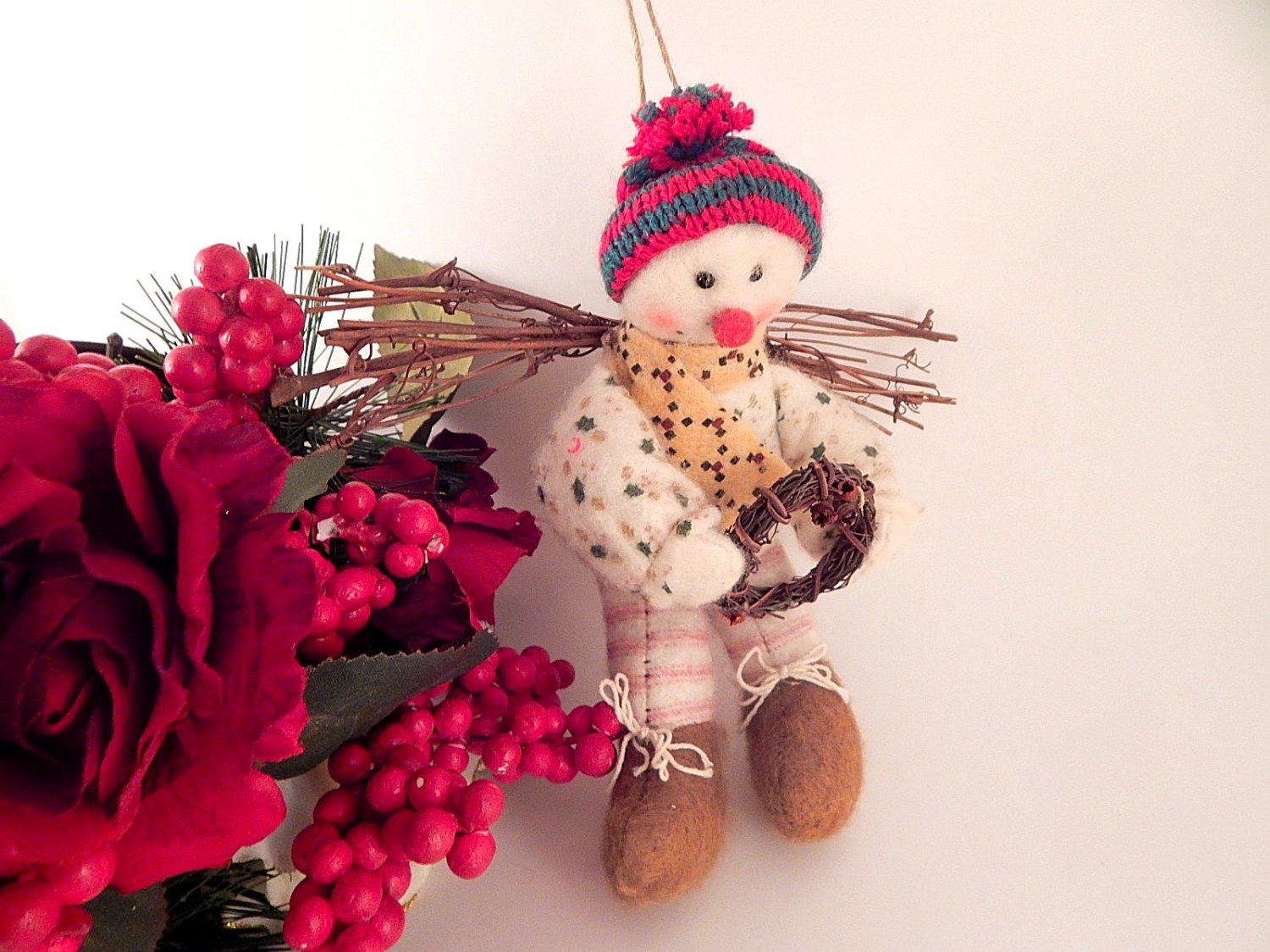 Woodland Snowman Angel Ornament Folk Art Christmas Decoration Wall Hanging