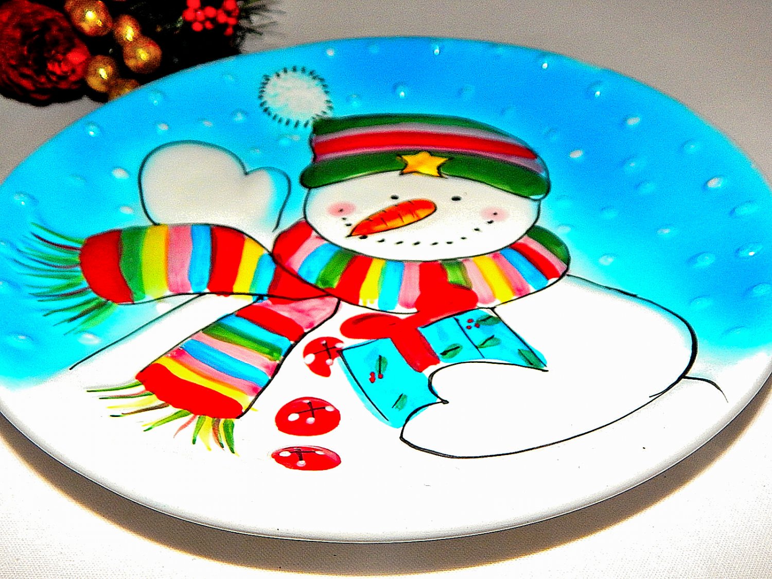 Blue and White Snowman Dessert Serving Plate Christmas Wall Hanging