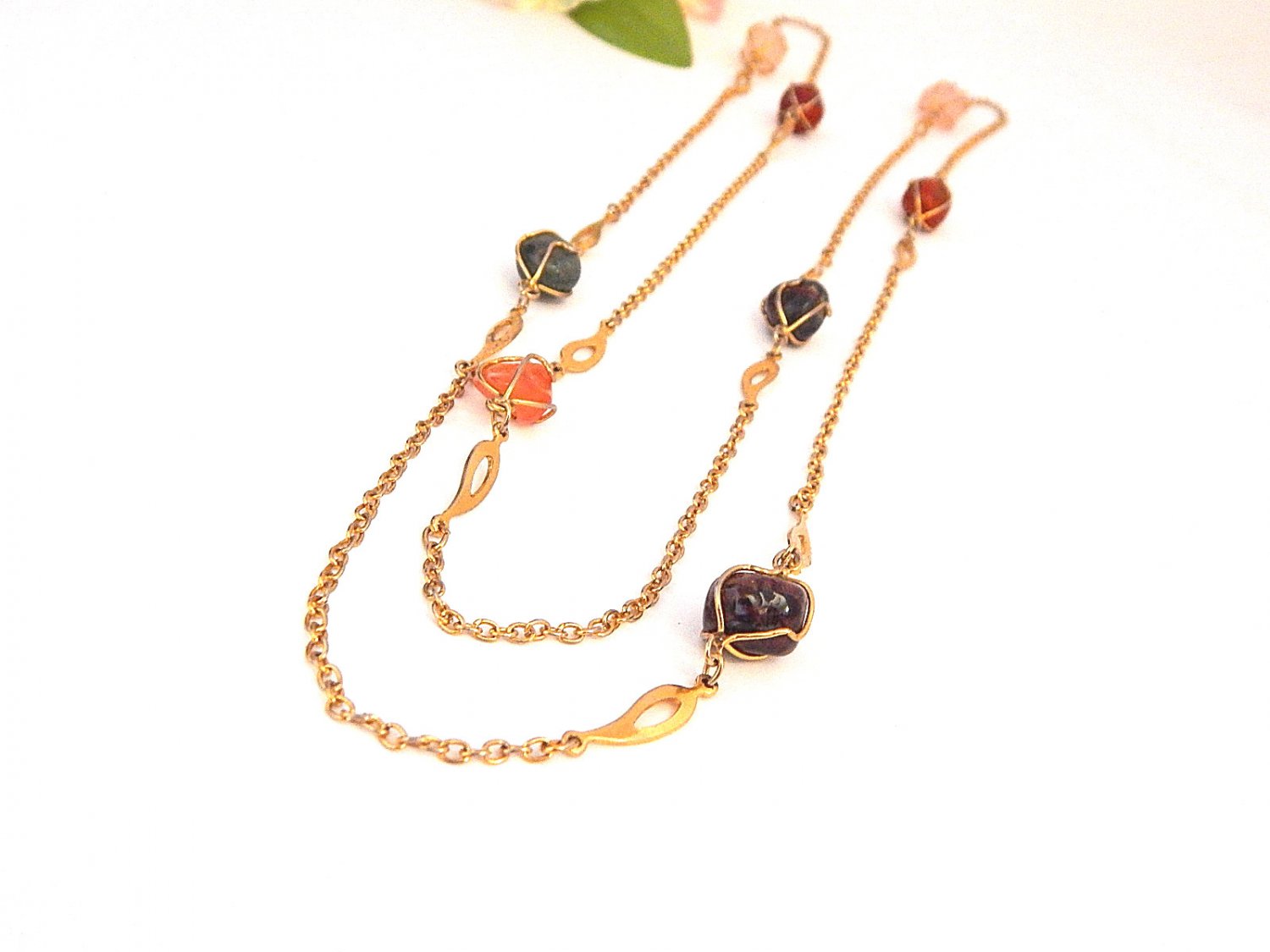 Vintage Necklace Semi Precious Gemstone 48 Inch Chain Link Costume Jewelry