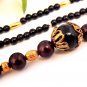 Beaded Necklace 24" Three Strand Black Brown and Gold Beads Vintage 1970s Fashion Jewelry