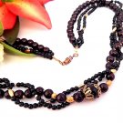 Beaded Necklace 24" Three Strand Black Brown and Gold Beads Vintage 1970s Fashion Jewelry