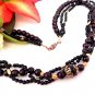 Beaded Necklace 24" Three Strand Black Brown and Gold Beads Vintage 1970s Fashion Jewelry