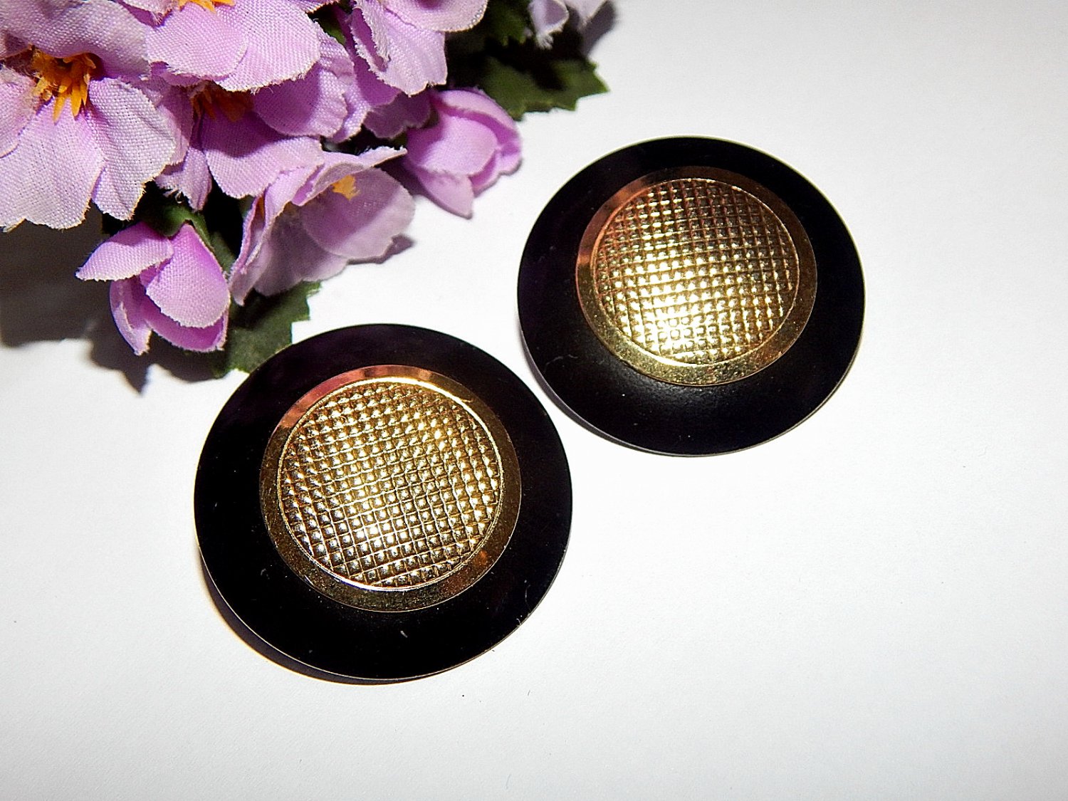Black and Gold Earrings Big Round Dots Vintage 1980's Fashion Jewelry for Pierced Ears