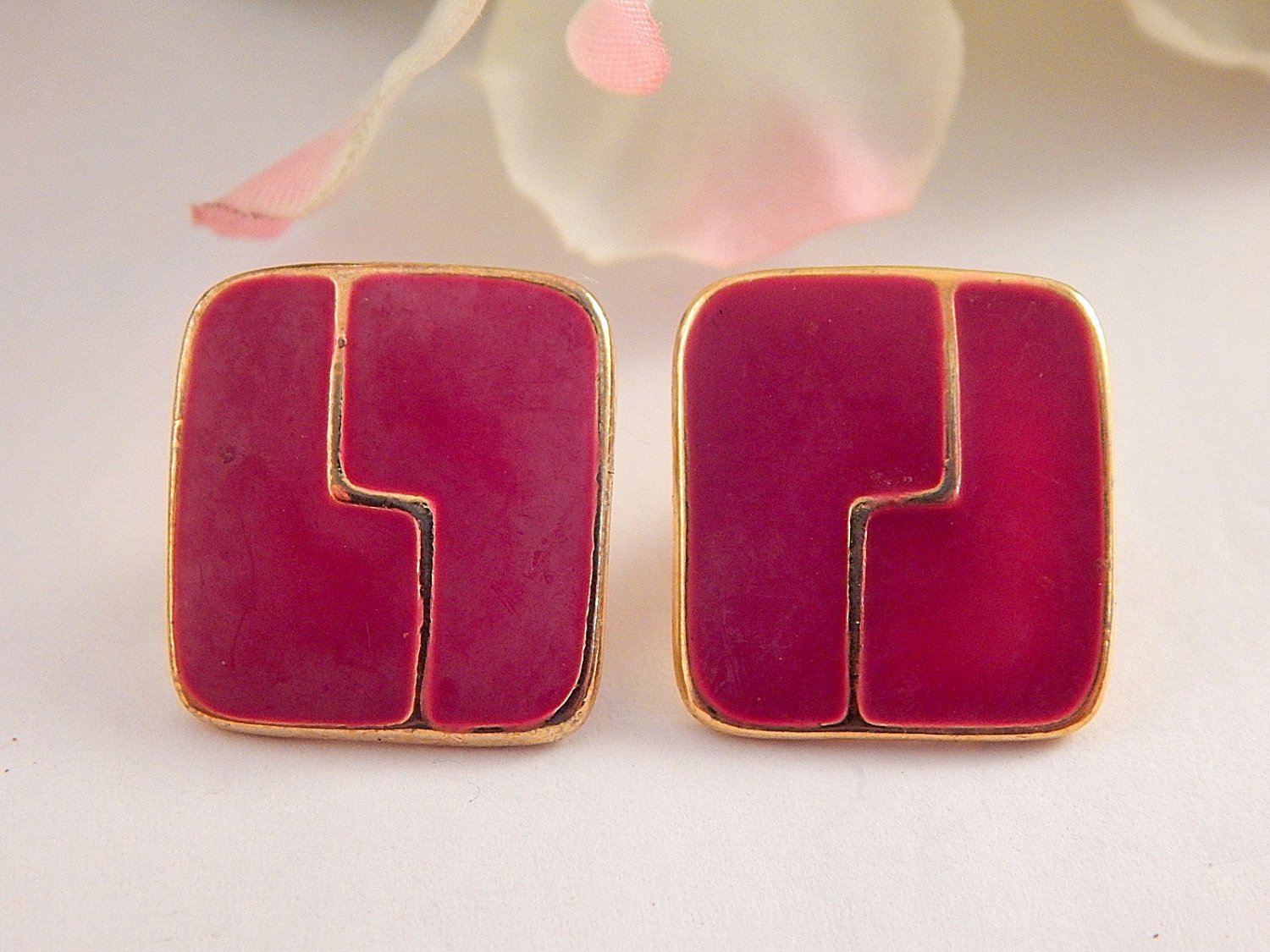 Pink Enamel Earrings Geometric Mod Vintage 1970's Gold Metal Jewelry for Pierced Ears