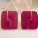 Pink Enamel Earrings Geometric Mod Vintage 1970's Gold Metal Jewelry for Pierced Ears