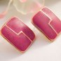 Pink Enamel Earrings Geometric Mod Vintage 1970's Gold Metal Jewelry for Pierced Ears