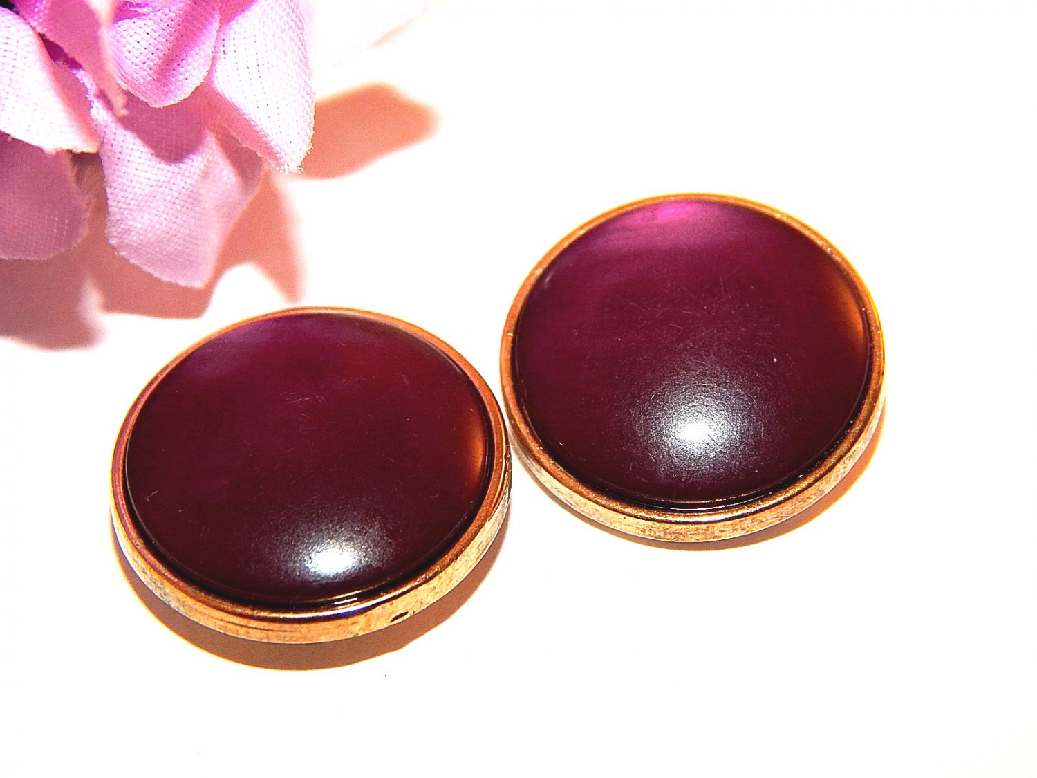 Purple Dot Earrings Gold Metal Framed Cabochon Jewelry Vintage 1970's Fashion for Pierced Ears