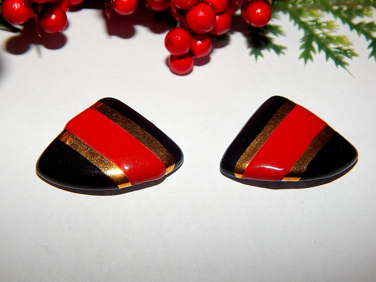 Red Black and Gold Triangle Earrings Metallic Geometric 1980's Fashion Jewelry for Pierced Ears