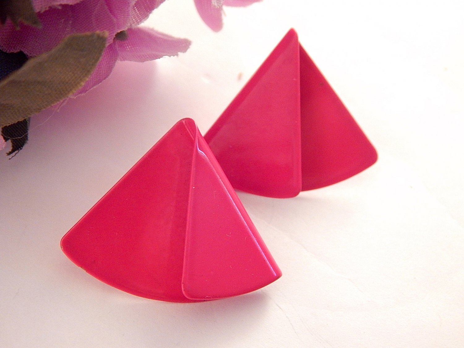 Pink Enamel Triangle Earrings Folded Fan Vintage 1980's Fashion Jewelry for Pierced Ears