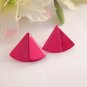 Pink Enamel Triangle Earrings Folded Fan Vintage 1980's Fashion Jewelry for Pierced Ears
