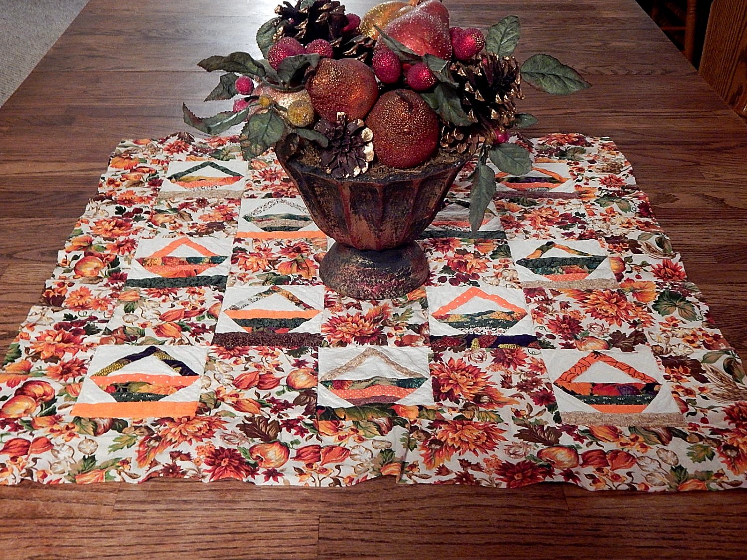 Fall Floral and Fruit Quilted Table Runner 24" Square Centerpiece Vintage Home Decor