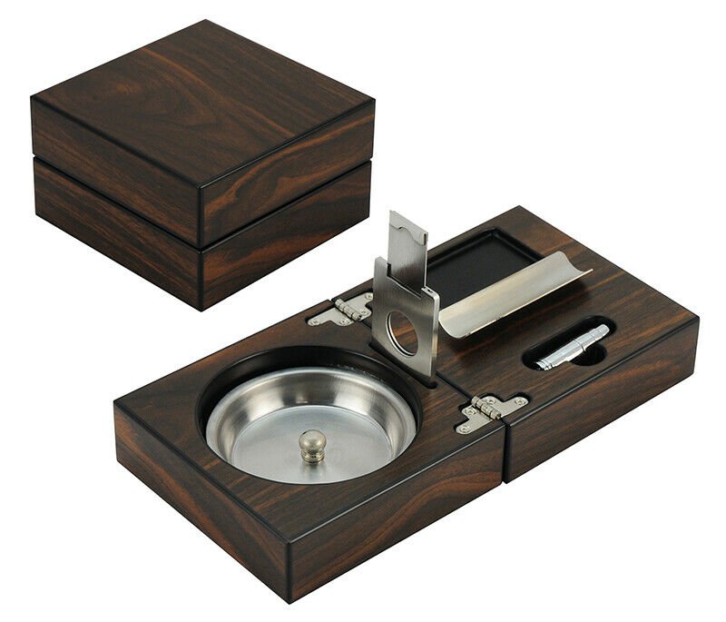 Decorebay Wooden Cigar Ashtray Set Cigar Cutter and Punch Foldable