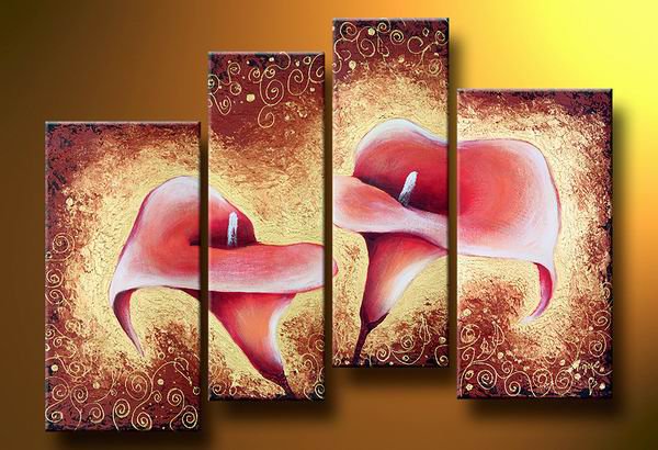 Flowers Pink Lilies -Botanical-handmade painting-set of 4pcs
