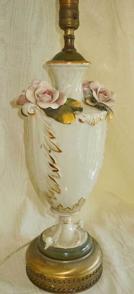 Vintage Capodimonte Porcelain Lamp Roses Flowers Pink Floral Regency Decor.