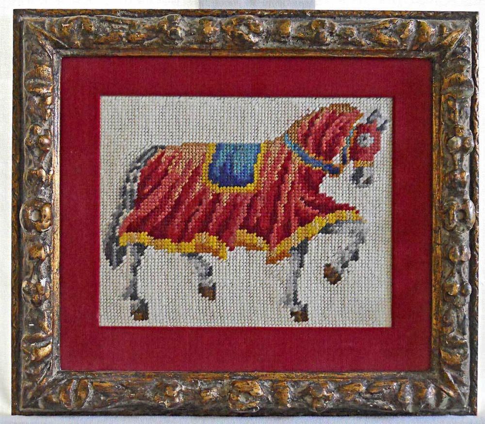 Vintage Needlepoint Horse Medieval Jousting Equine Carved Gilded Frame