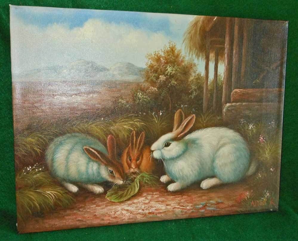 Rabbits Eating Leaf Pastoral Landscape Vintage Antique Alfyad Oil Painting