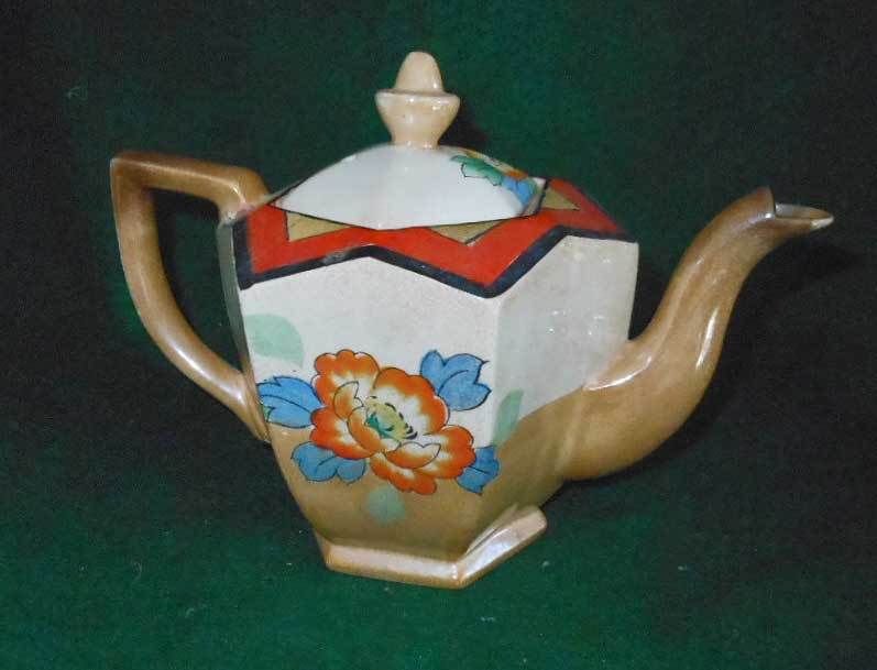 Antique Lusterware Orange Teapot Japan Star Shape Bird Handpainted Ornithology