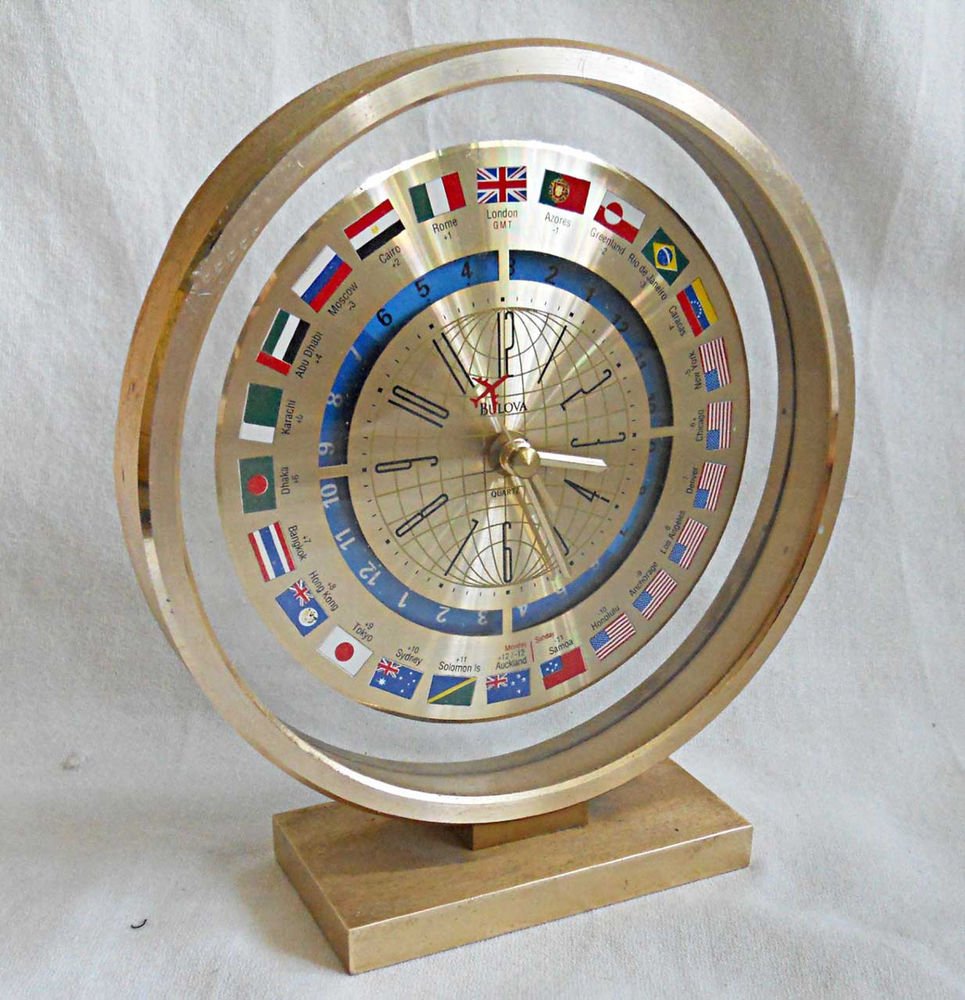 Vintage Modernist BULOVA WORLD Desk CLOCK FLAGS GOLD Airplane Hand Sorcerer