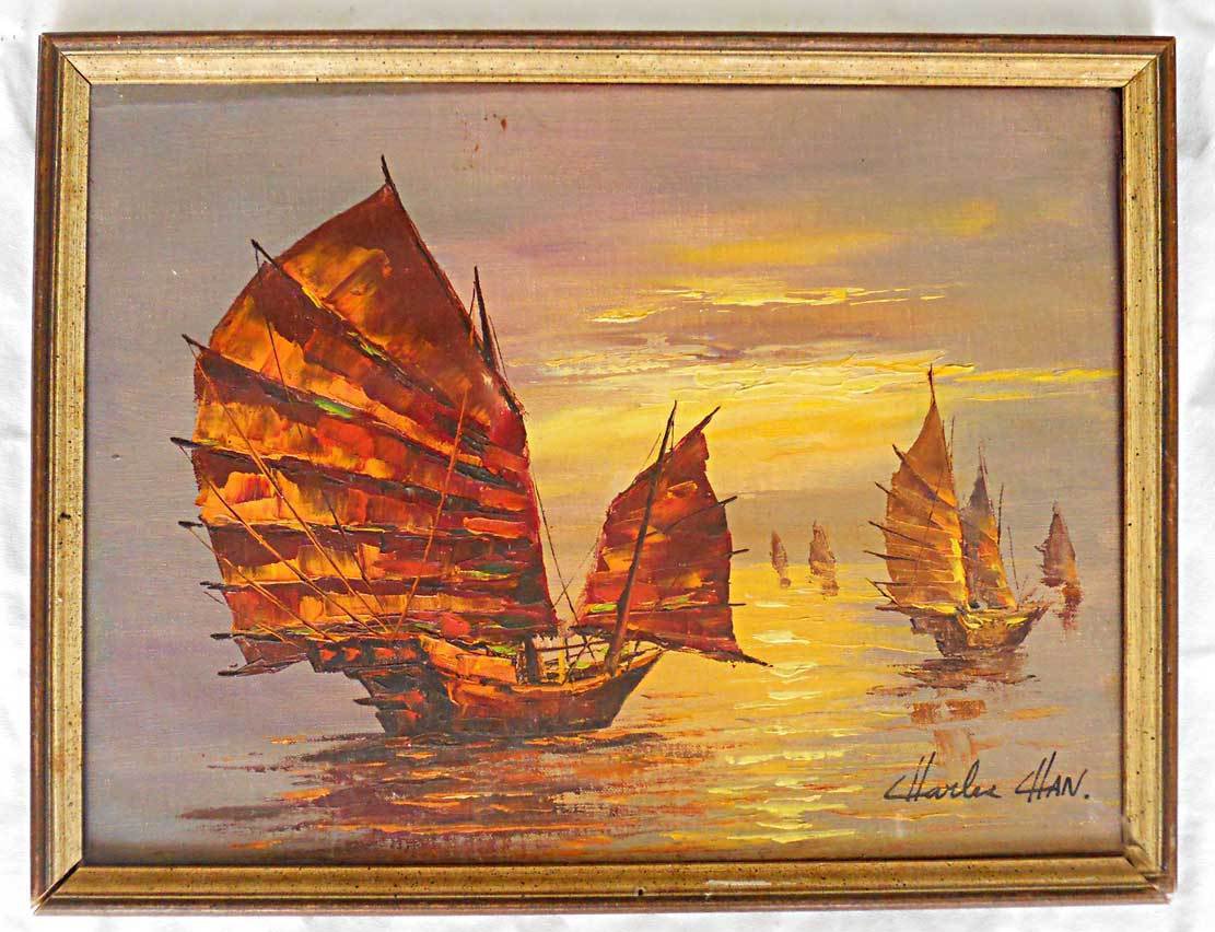 Chinese Vintage Original Marine Painting Junks Boat Seascape Orange